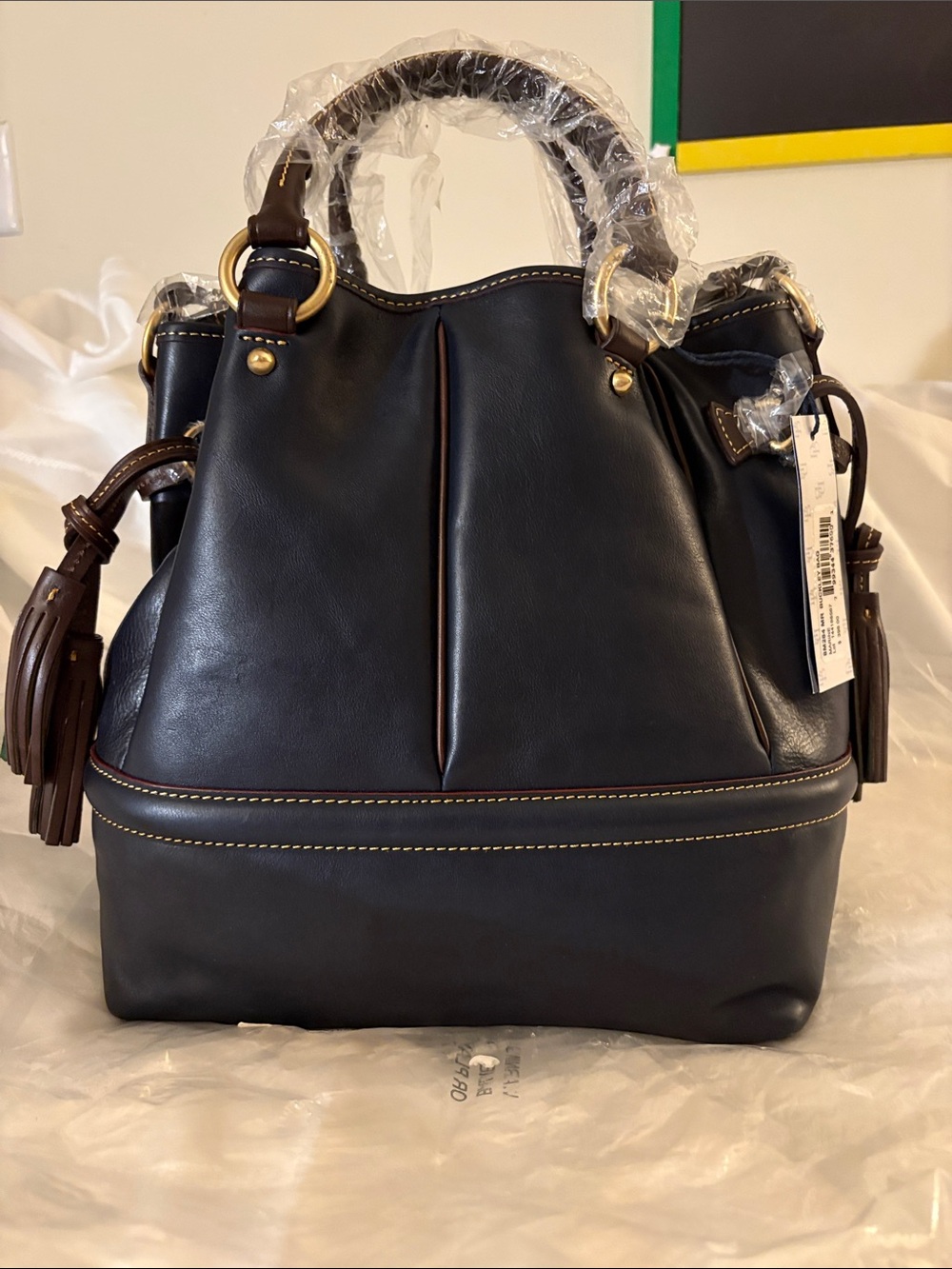 Dooney & Bourke Black Leather Bucket Tote with Brown Trim - Picture 3 of 6